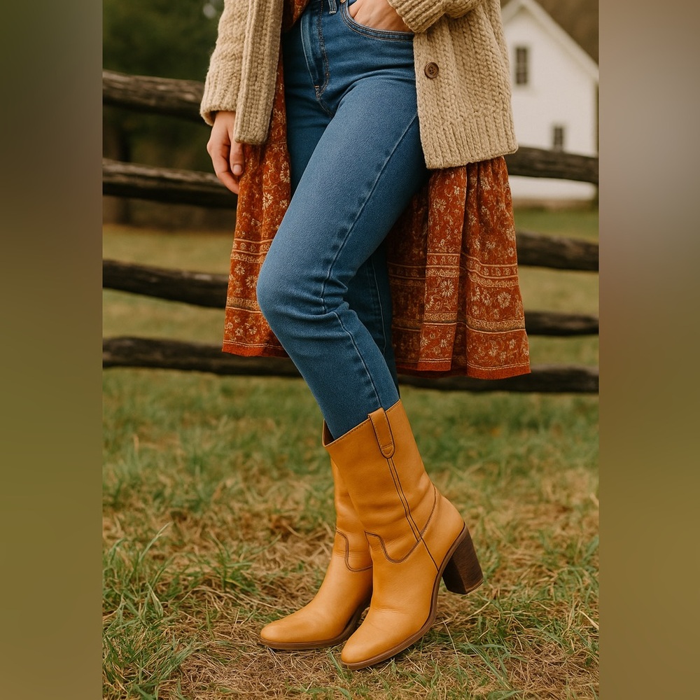 Vintage Tan Leather Block Heel Western Boots Size 6.5